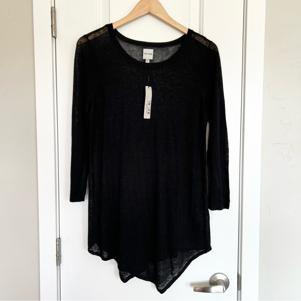 Nic + Zoe black linen blend asymmetrical sweater handkerchief hem NWT Size XS - Picture 2 of 9